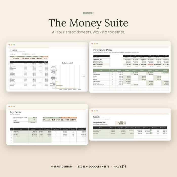 The Money Suite bundle: budget, paycheck, debt payoff and savings spreadsheets