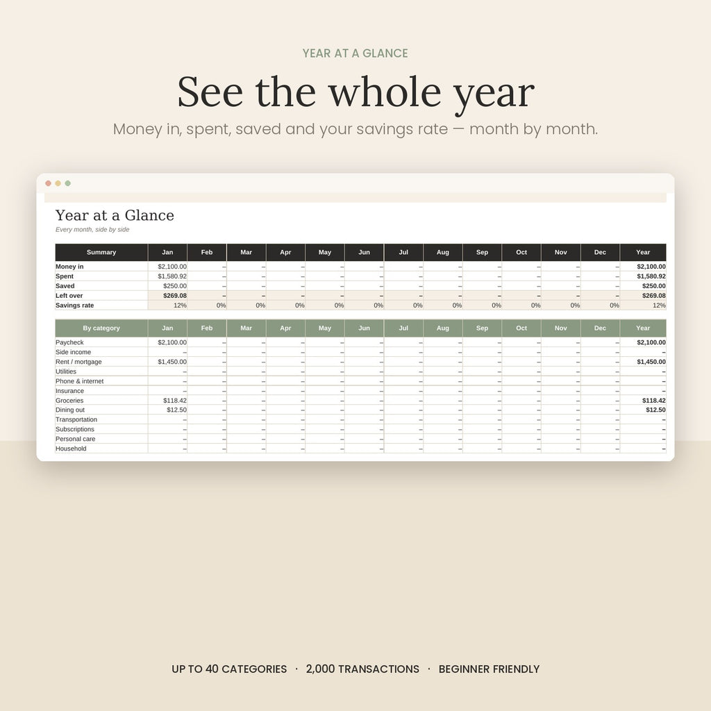 Year at a Glance tab with money in, spent and saved for each month