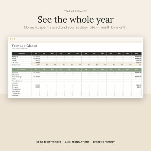 Year at a Glance tab with money in, spent and saved for each month
