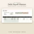 Debt Payoff Planner showing debt-free date, total interest and payoff order
