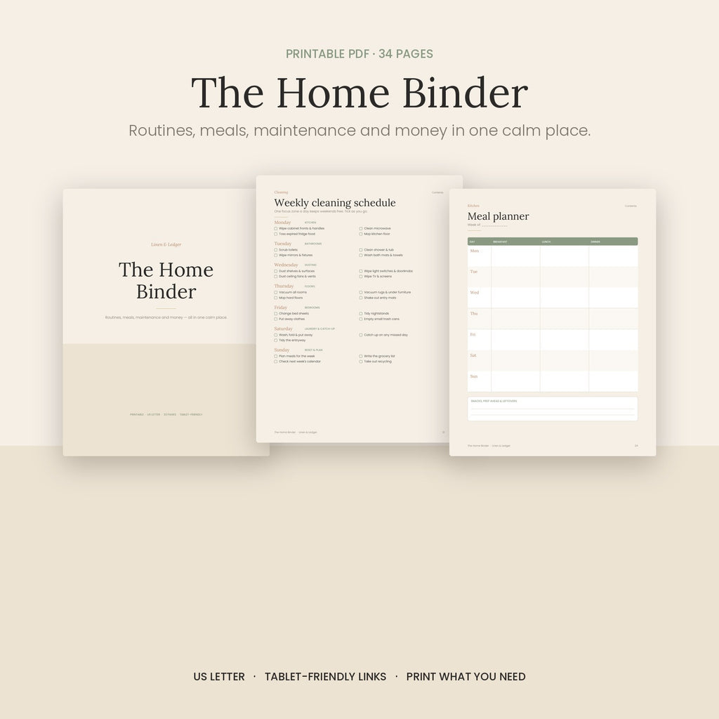 The Home Binder cover, weekly cleaning schedule and meal planner pages