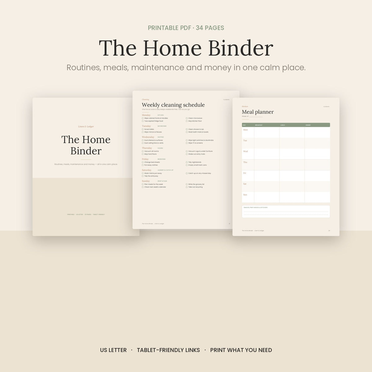 The Home Binder cover, weekly cleaning schedule and meal planner pages