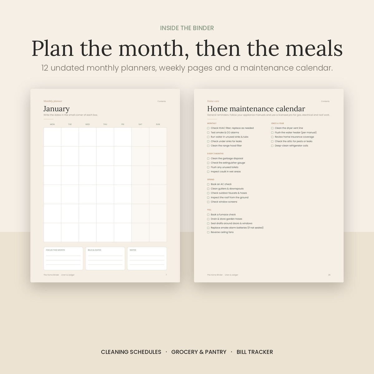 Undated monthly planner and home maintenance calendar pages