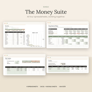 The Money Suite bundle: budget, paycheck, debt payoff and savings spreadsheets
