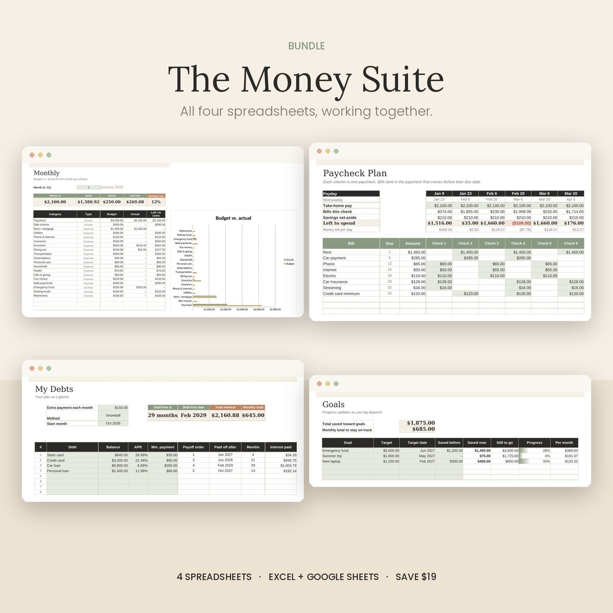 The Money Suite bundle: budget, paycheck, debt payoff and savings spreadsheets