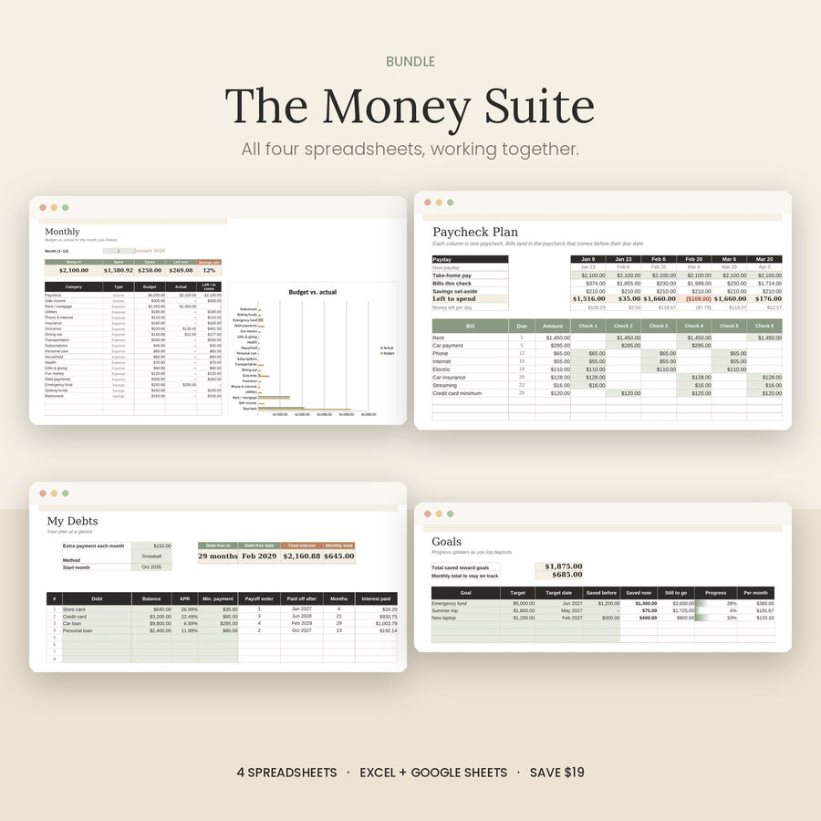 The Money Suite bundle: budget, paycheck, debt payoff and savings spreadsheets